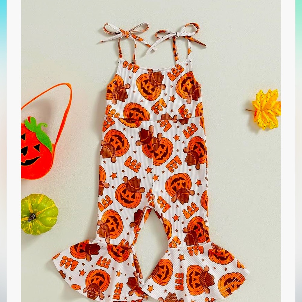 Toddler/ baby one piece bell bottom fall halloween pumpkin onesie jumpsuit 🎃